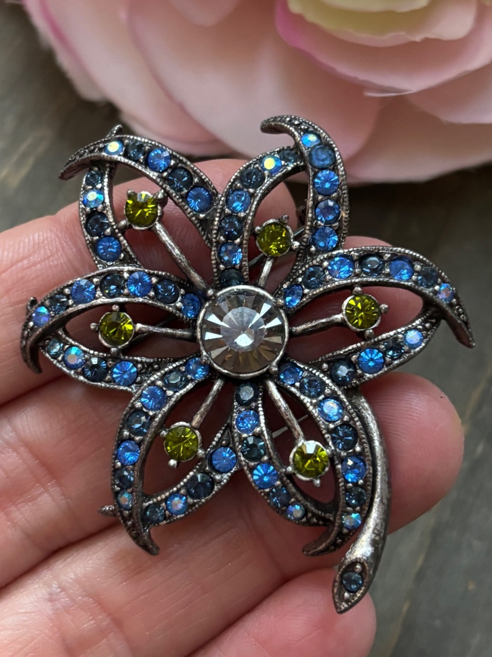 Silver Floral Brooch with Blue and Green Rhinestones